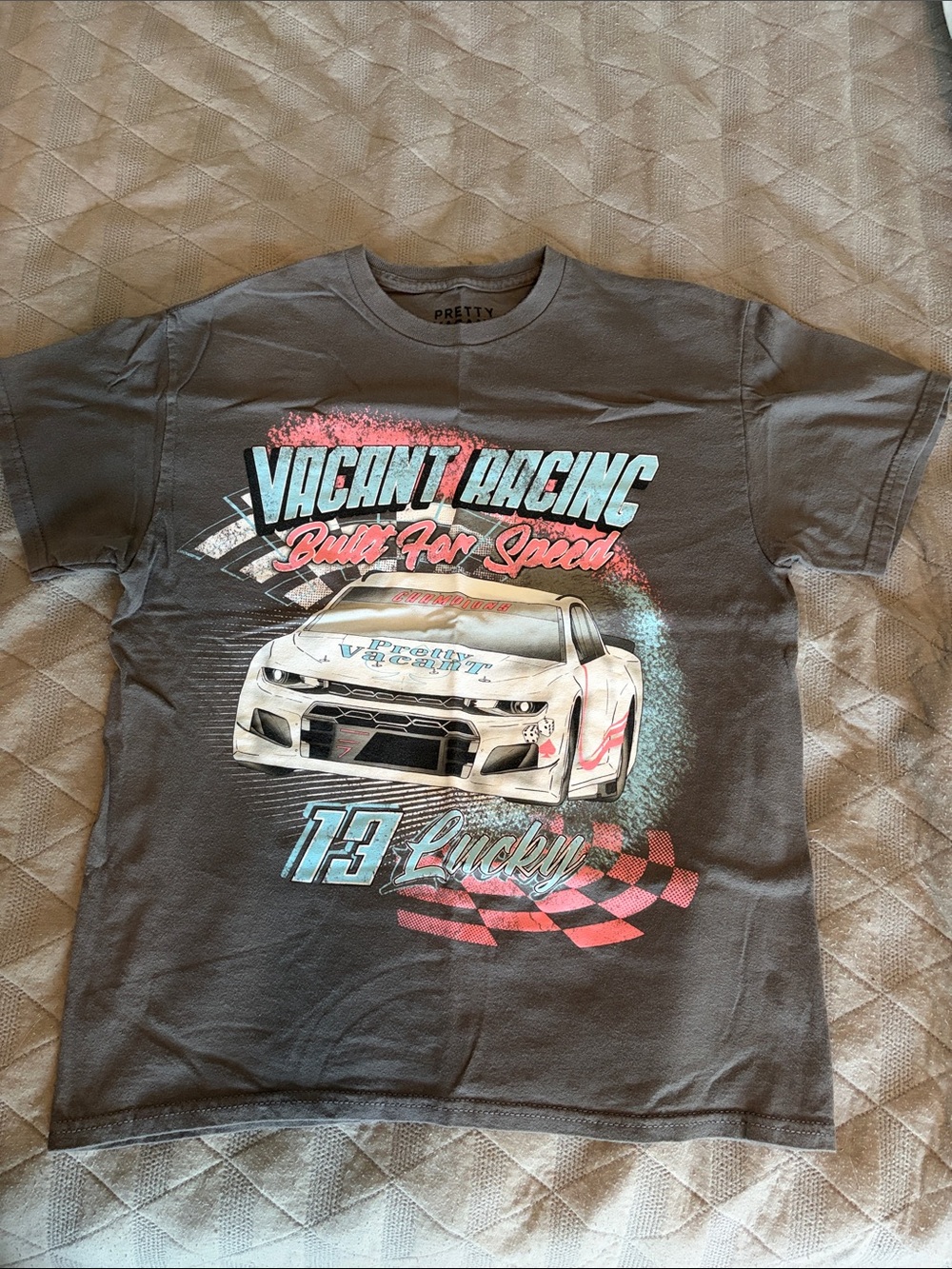 Tilly's Gray Muscle Tee with Blue & Pink Racing Graphic